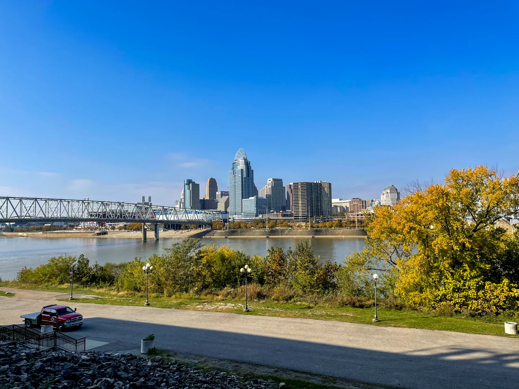 The Cincinnati skyline across the Ohio River on a clear fall day